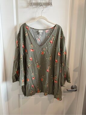 AVA & VIV Olive Green Floral V-Neck Women's Top Size 4X